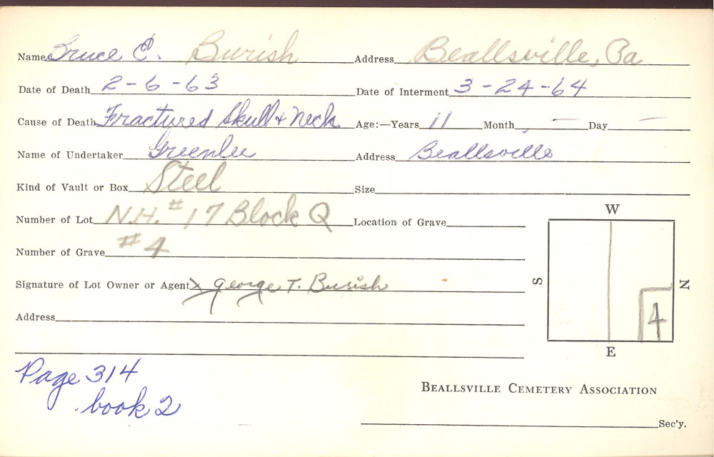 Bruce E. Burish burial card